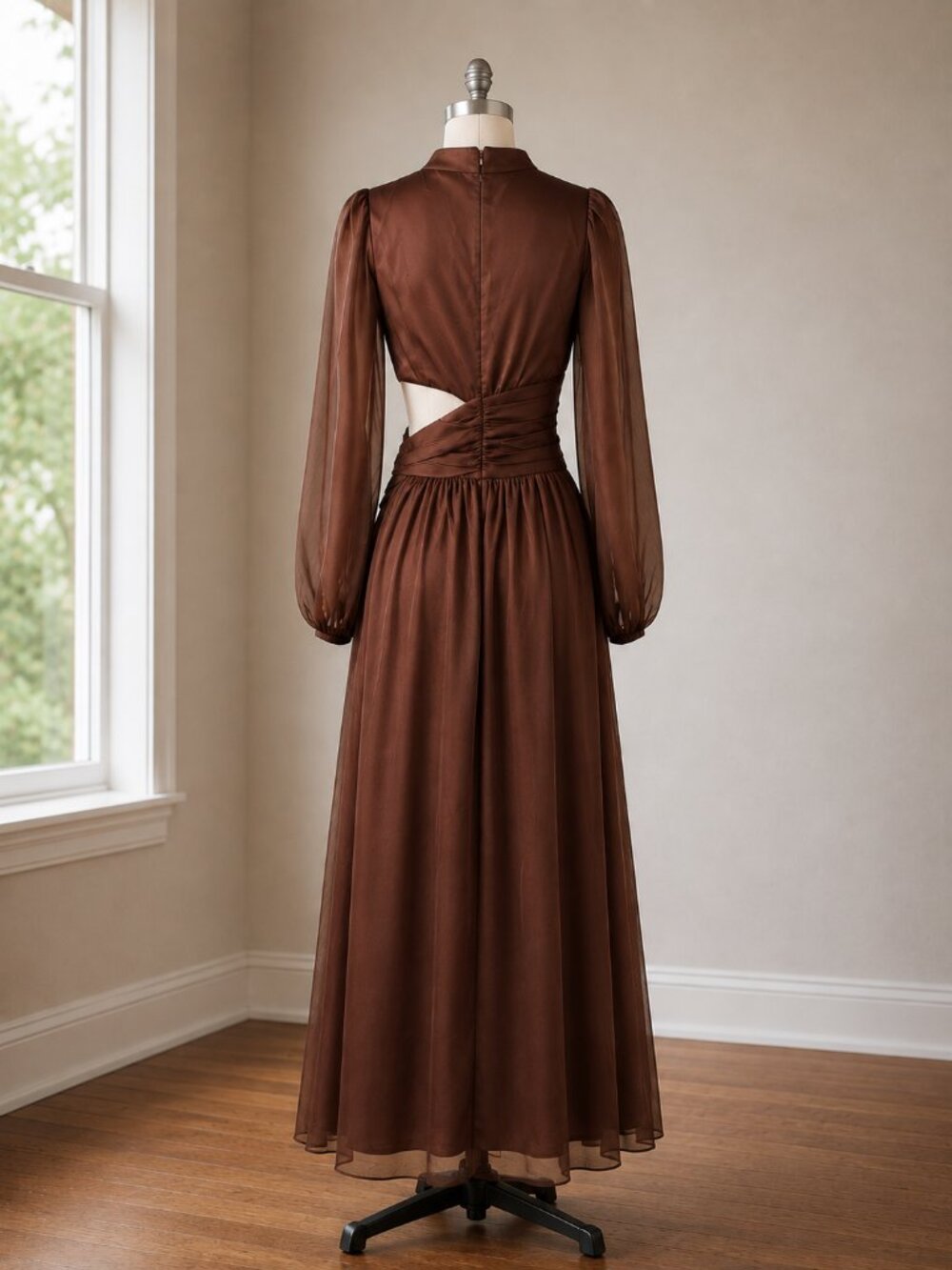 NWT Petal & Pup Neveah Brown Chiffon Cutout Maxi Dress Sz 8 Wedding Guest - Picture 3 of 7